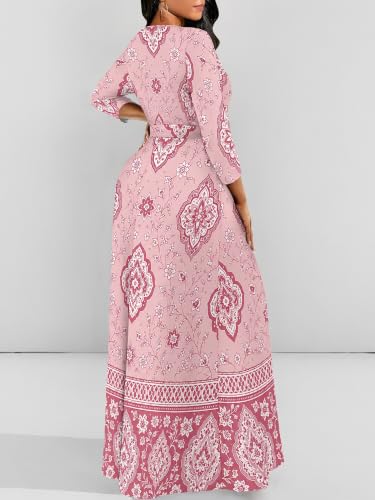 Image of Women Plus Size Long Sleeve V Neck Maxi Dress with Belt | Soft fabric relaxed fit three quarter sleeve v neck with pockets for party and daily wear