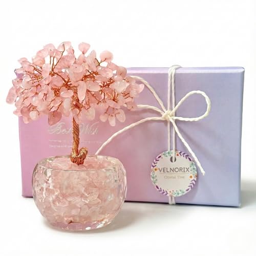 VELNORIX Rose Quartz Crystal Tree of Life - Natural Gemstone Feng Shui Bonsai - Healing Crystals Decor for Home Office, Attract Love & Relationships - Spiritual Gifts for Women (Pink)