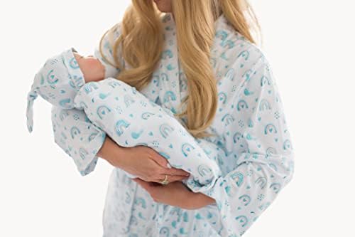 Millie Mae LLC Rainbow Baby Girl Maternity Robe and Matching Gown Set with Baby Swaddle Blanket,Baby Girl Headband and Newborn Baby Hat (Blue Rainbow)