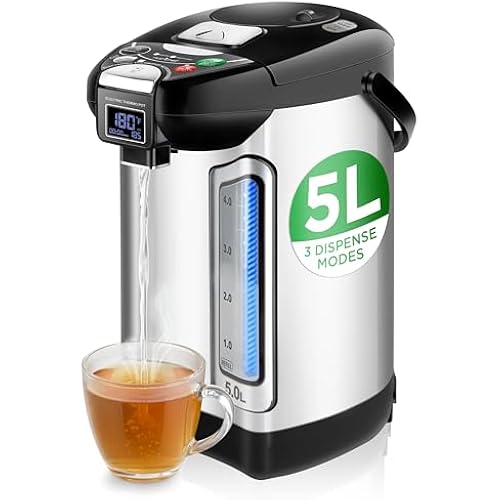 NutriChef Digital Water Boiler and Warmer - 5L/5.28 Qt Stainless Electric Hot Water Dispenser w/LCD Display, Rotating Base, Keep Warm, Auto Shut Off, Safety Lock, Instant Heating for Coffee & Tea