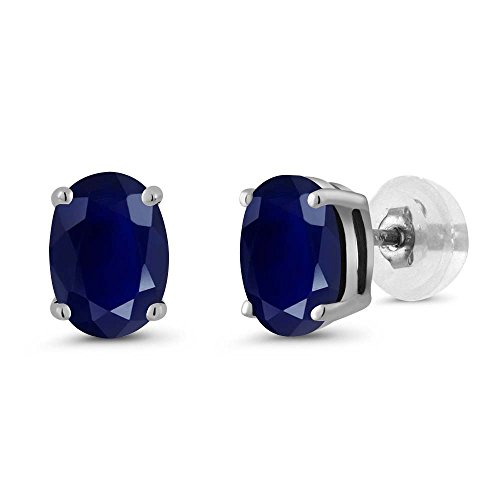 Gem Stone King 14K White Gold Blue Sapphire Stud Earrings For Women (2.04 Cttw, Gemstone Birthstone, Oval 7X5Mm) #TOP17