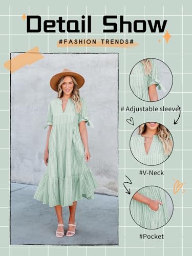Image of Theenkoln Womens Casual Midi Dress: Short Sleeve V-Neck Empire Waist Gingham Spring Fashion Long Trendy Tiered Formal Dresses