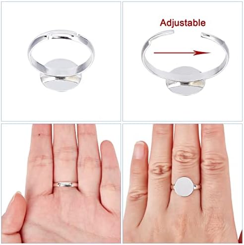 PandaHall Elite 50 pcs Brass Pad Ring Bases For Ring Making Or Cabochons Finger Ring Bases Components Findings, Adjustable, Silver Color, 12mm