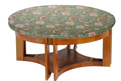 Image of The Furnishing Tree Elastic Cotton Round Center Table Cover 20x20 in Inches Floral Multicolor on Greenish Base