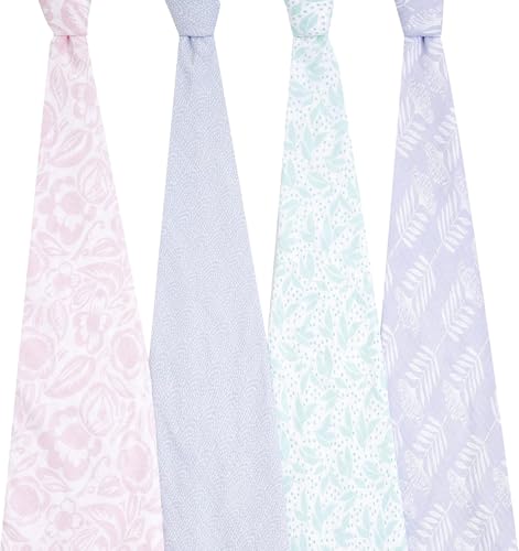 aden + anais Essentials - Juego de 4 Mantas envolventes en Color Pastel, tamaño Grande, 100% algodón de Muselina Transpirable, para, Multicolor, Lindo y Delicado Floral, Esencial para Dormir