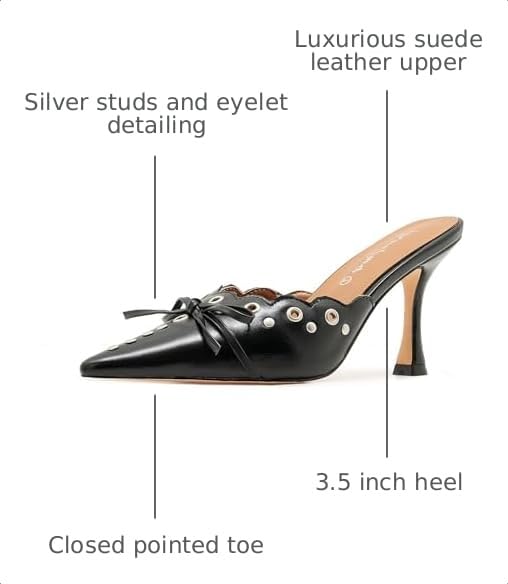 Image of Kitten Heel Mules for Women Bow Tie Suede Stiletto Heels Mule Pointed Toe Studs Slide Heeled Sandal Pumps for Wedding Dress Party