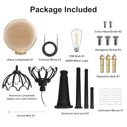 TIGKHAE 93In Outdoor Lamp Post Light E26 Hard Wired High Pole Post Lighting with Waterproof Amber Glass Shade Vintage Street Light for Outside Patio,Lawn,Landscape,Driveway,Garden,Backyard,Walkway by TIGKHAE - Used condition - Image 8