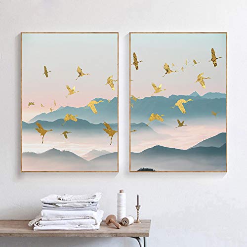 Impression abstraite paysage de montagne et oiseau doré art mural haut de gamme 50 x 60 cm