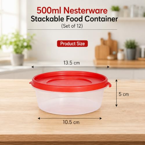 Image of Cutting EDGE Nesterware 500ml Stackable Food Container(Set of 12,Light Red) | BPA-free plastic, stackable design, leak-proof, kitchen storage, pantry, fridge, meal prep, reusable, travel use