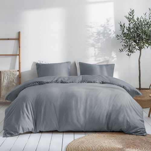 Dreamzie Bettwäsche Set 200x200 Mako Satin - Grau - Bettbezüge 200x200 cm mit 2 Kissenbezüge 80x80 cm - Oeko-Tex Zertifiziert - Bettwäsche 200x200 Baumwolle 3teilig