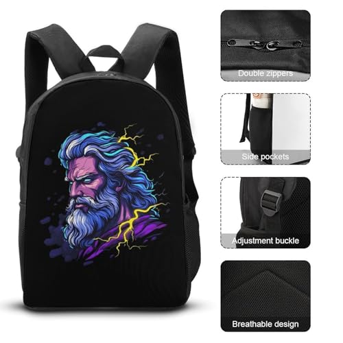 Zeus Greek God with Thunder Classic Backpack Lunch Bag Pencil Case 3 Piece Set Travel Daypack3