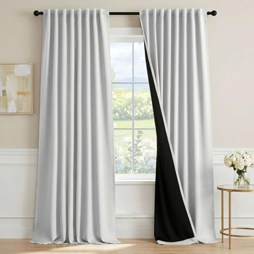 H.VERSAILTEX Greyish White Blackout Curtains 96 Inch Long 2 Panels Set