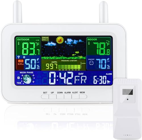 AOZBZ Estación meteorológica digital inalámbrica con sensor exterior, termómetro interior y exterior con tiempo, temperatura, humedad, barómetro, despertador, estilo actualizado