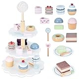 Wooden Tea Party Set for Little Girls, Ehome Princess Tea Time Toy Including Dessert Tray Cake, 22pcs Kids Dessert Toys Pretend Play for Girls Boys Age 3-6