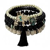 TTPSRY Pulseras Mujer Bohemias Multicapa con Hamsa Ojo Turco Brazalete Elástico Cuentas Naturales Abalorios Vintage Amuleto Protección Accesorios Joyería Boho Étnica(Blanco y negro)