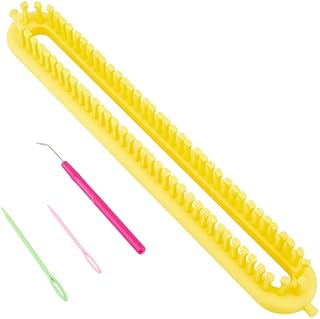 Hobbspring Knitting Loom Set Rectangular Knitting Board Loom Plastic Darning Needle Crochet Needle Yellow Scarf Looms Long Hats Shawl Making Tool DIY Yarn Weaving Kits for Women Adults Beginners