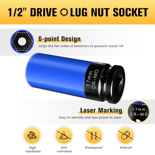 Image of BOEN 17mm 1 /2 inch Drive Wheel Protector Impact Socket, Non-Marring Lug Nut Thin Wall Deep Socket Set, Chrome-Molybdenum Steel, 6 Point, Color-Coded Protective Socket