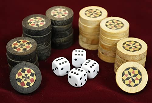 Original Handgefertigte Holz Backgammon DAMA Mosaik Steine 30 Stück aus Holz in Handgefertigt Samtbeute mit 4 Würfelsteine (Ø26 mm) Cover