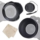 waka 58mm Lens Hood Set, Reversible Tulip Flower + 3 Stages Collapsible Rubber Lens Hood + Center Pinch Lens Cap with Cap Keeper Leash + Microfiber Cleaning Cloth