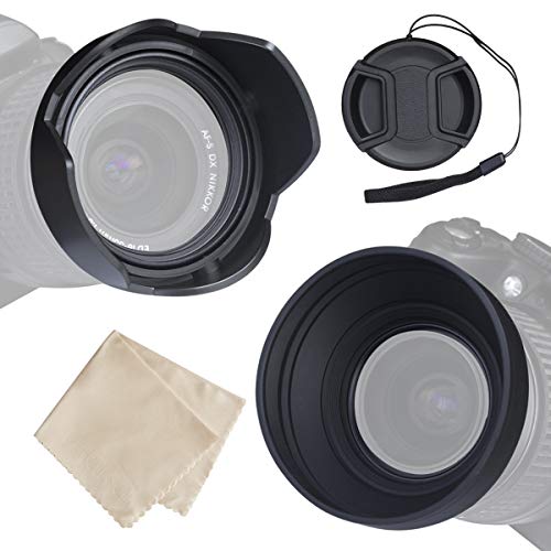 waka 58mm Lens Hood Set, Reversible Tulip Flower + 3 Stages Collapsible Rubber Lens Hood + Center Pinch Lens Cap with Cap Keeper Leash + Microfiber Cleaning Cloth