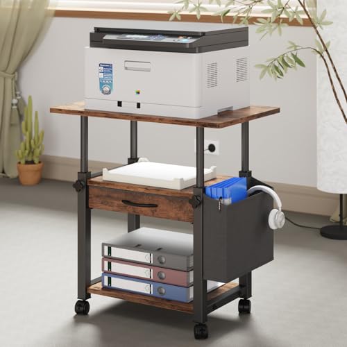 Image of YAOHUOO 22 inchx15 inch Large Printer Stand with Drawer, 3-Tier Rolling Table Cart | Storage Drawer and Side Bag,Height Adjustable Cart,Fit printer /fax /3d /scanner,4 lock wheels or feet,Home Office,Rustic Brown