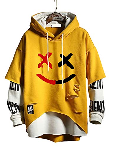 Hello MrLin Herren Techwear Hip Hop Hoodie Japanischer Streetwear Patchwork Urban Jumper - Gelb - XXL