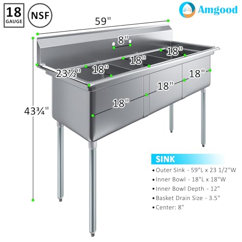 Image of AmGood Stainless Steel Prep & Utility Sink | 304 Stainless Steel | Restaurant, Kitchen, Laundry, Garage | NSF (23 in. x 59 in. | Three Bowls)