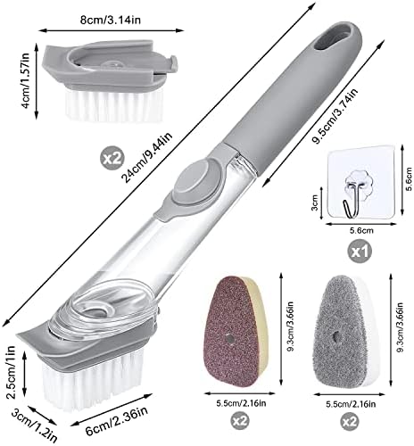 Dish Brush with Soap Dispenser,Washing Up Brush Set,Kitchen Scrubbing Brush with 6 Replaceable Heads and 1 adhesive hook Home Washing Scrub Brush for Pot Pan Sink(Grey)