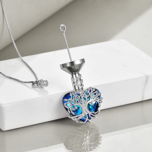 Yfn Urn Necklace For Ashes For Women Tree Of Life Heart Cremation Jewelry Sterling Silver With Blue Crystal With Funnel Filler Urn Jewelry Gifts For Women #TOP1