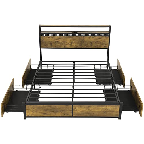 Adorneve Full Size Bed Frame With Drawers And 2-Tier Storage Headboard, Industrial Metal Platform Bed Frame With Outlets And Usb Ports, No Box Spring Needed, Easy Assembly, Vintage Brown #TOP7