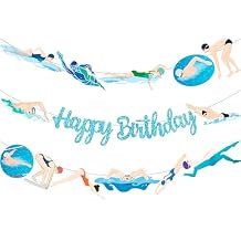 Swimming Happy Birthday Banner Glitter Blue Swimmer Birthday Decoration Banner Swimming Birthday Party Decoration Swim Theme Party Banner for Summer Pool Party Supplies