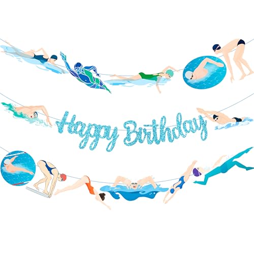 Swimming Happy Birthday Banner Glitter Blue Swimmer Birthday Decoration Banner Swimming Birthday Party Decoration Swim Theme Party Banner for Summer Pool Party Supplies