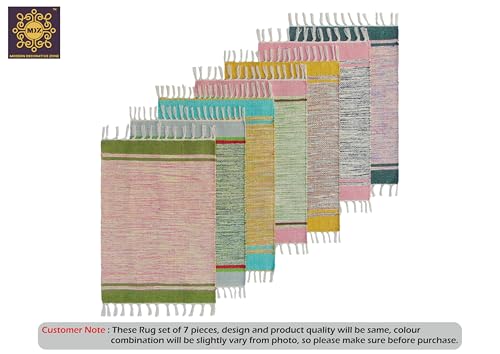 Image of MDZ Hand Woven Cotton Modern Assorted Border Rug | Size: 16 inchx24 inch Inch or 40x60 cm | Color: Assorted Multi | Machine Washable | Eco Friendly | Multi Uses (Combo of 7 Pcs.)