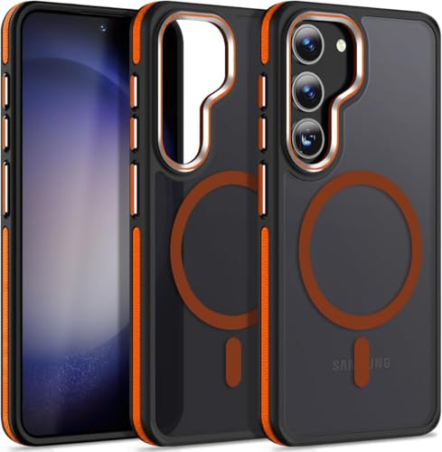 Image of MALEWOLF for Samsung S23 Case, Compatible with MagSafe, Magnetic Phone Case for Galaxy S23, [Translucent Matte] [Anti-Slip] Full-Body Protection, Slim Translucent Cover (Black /Orange)