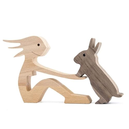 HOAZIACEHN Estatua Familiar de Madera para Perros y Gatos, Estatua de Madera Hecha a Mano, Tallado de Madera para Mascotas, Escultura de Madera para Adornos de Mesa, Dormitorio (H)