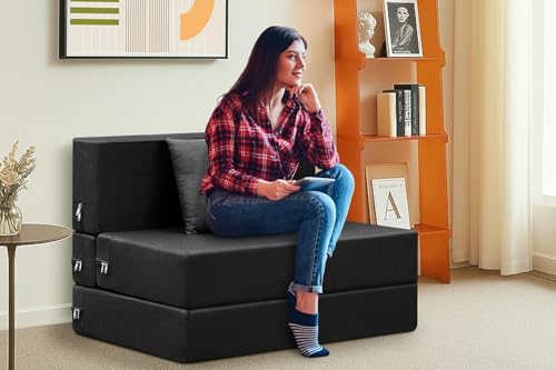 Image of Easy Foldable One Person Sofa Cum Bed Jute Fabric- Washable Cover- Including One Cushion- Size 3' X 6' Ft (Black Color) Perfect for Home & Office for Guests