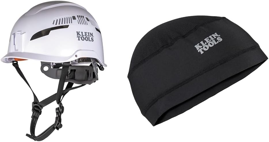 Klein Tools 60565 Safety Helmet, Type-2 Safety Helmet, Vented, Class C, White & 60181 Cooling Helmet Liner, Under Hard Hat Cap with Mesh Fabric at Crown