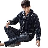 Mens Soft Lounge Pajama Sets, Cotton Button Nightwear, Long Sleeve Loungewear with pocket(Size:XL,Co