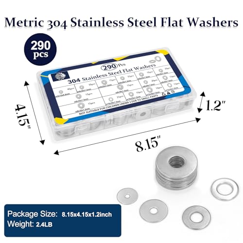 ZQZ 290Pcs Flat Washers, 304 Stainless Steel Fender Washers Assortment, 15 Different Sizes Wide Washer M3 M4 M5 M6 M8 M10 M12 Assorted Flatwashers Kit