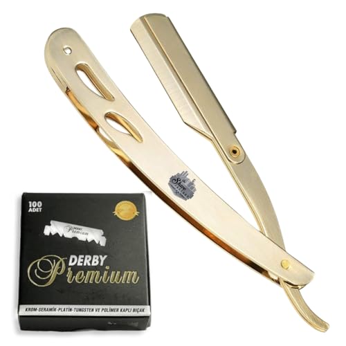 The Shave Factory Straight Edge Razor Kit - with Single Stainless Steel razors (Gold + Derby Premium Single Edge)