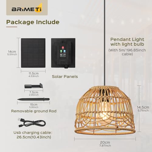 BRIMETI Solarlampen für Außen Garten Solar Hängelampe Outdoor Rattan Hängeleuchte Hängend mit Fernbedienung Dimmbare IP65 Wasserdichte Solarlampen Pendelleuchte,für Balkon Pavillon(mit 5M Kabel)