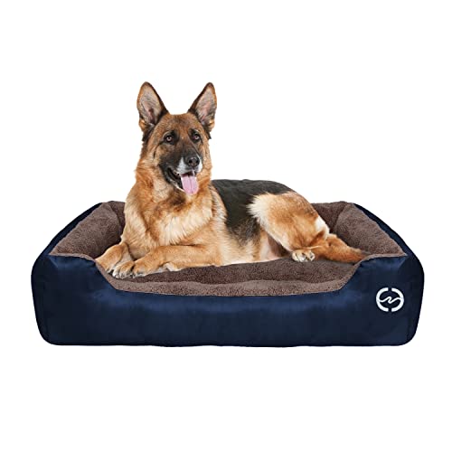 FRISTONE Dog Beds Large Washable Pet Basket Pet Kennel Bed for Large Dogs Waterproof Deluxe Fleece Cushion Blanket XXL Navy Blue