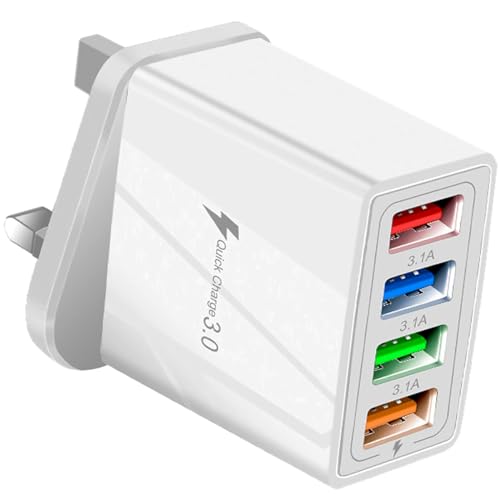 Multi USB Plug Charger UK, 4-Port USB Wall Charger Plug, QC 3.0 3.1A Fast Charging Power Adapter with Smart Device-Adaptive Quick Charging Technology for All Smartphone (White)