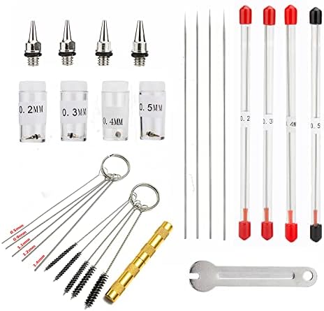 Uouteo 0.2mm, 0.3mm, 0.4mm,0.5mm Airbrush Nozzles and Needles Replacement Parts with 11 in 1 Airbrush Cleaning Repair Tool for Airbrush Gun
