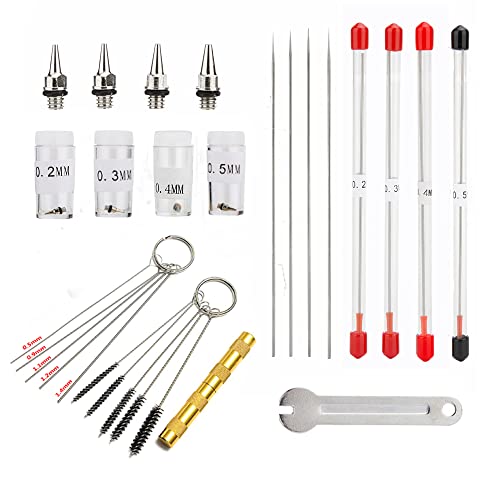 Uouteo Buses et aiguilles d'aérographe de 0,2 mm, 0,3 mm, 0,4 mm, 0,5 mm - Pièces de rechange avec outil de réparation 11 en 1 pour pistolet aérographe