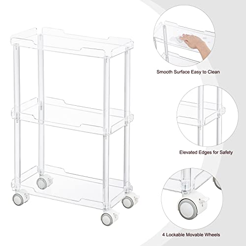 Aquiver Acrylic Slim Storage Cart - 3 Tier Utility Rolling Cart For Kitchen, Bathroom, Laundry Room, Bedroom, Living Room, Office - 15.6'' L X 7'' W X 23.6'' H #TOP2