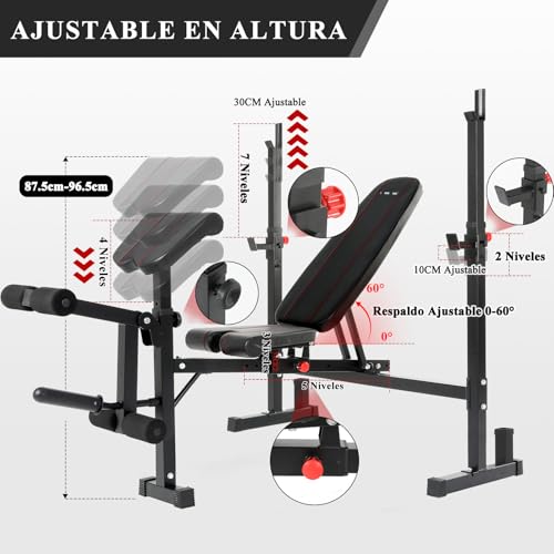 ISE Banco Musculación Plegable con soporte para piernas y brazos, Banco Pesas con rack musculación, Banco Press ajustable con soporte para curl de piernas, Banco De Pesas para barra olímpica - imagen 7