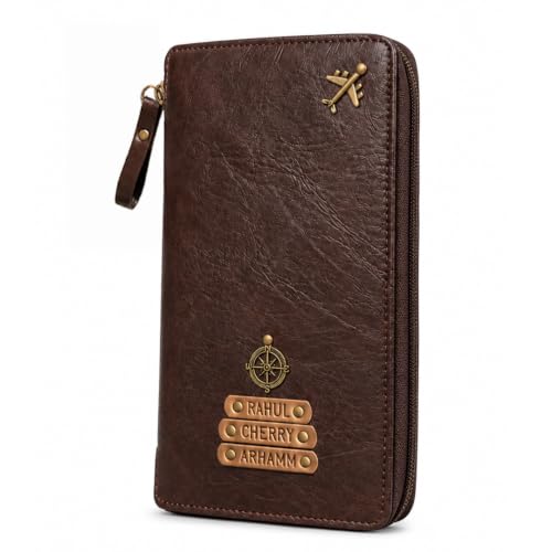 Image of The Junket Personalised Zipper Family Travel Passport Holder Organizer | Holds Up to 3 Passports | Water-Resistant Faux Leather Document Organizer Wallet (Dark Brown)