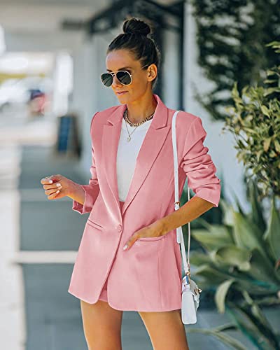 Women's 2 Piece Open Front Long Sleeve Blazer And Solid Short Pants Suit Sets Pink #TOP2