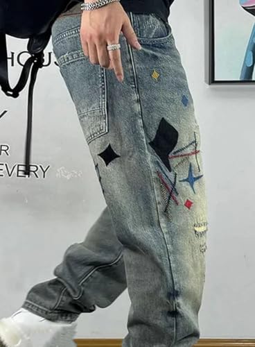Men’S Fashion Streetwear Skinny Fit Ragged Patch Embroidery Ripped Distressed Denim Pants Button Fly Print Trousers2